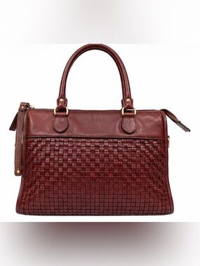 Del Mano Woven Burgundy Brown Structured Satchel Handbag